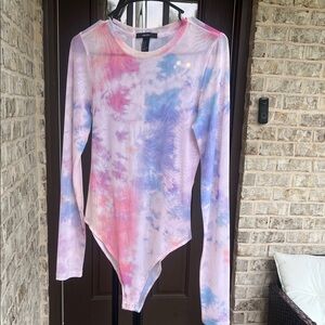 Forever 21 Tie-Dye Long Sleeve Bodysuit - Pastel Pink & Blue